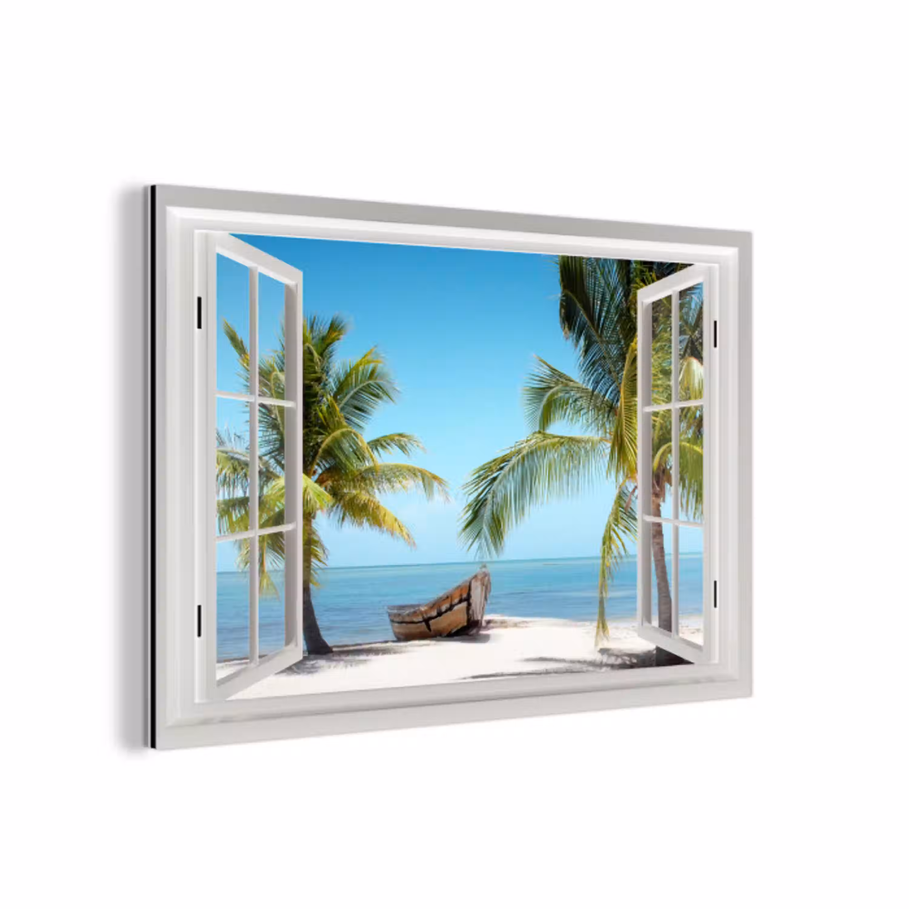 Doorkijk - Strand - Palmboom - Boot - Tropisch - Zee - Blauw aluminium wit klein -3d
