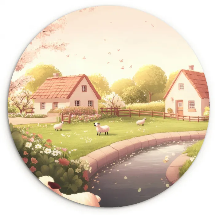 Schapen - Huisje - Platteland Wandcirkel kunststof plaat 5mm dik klein -3d