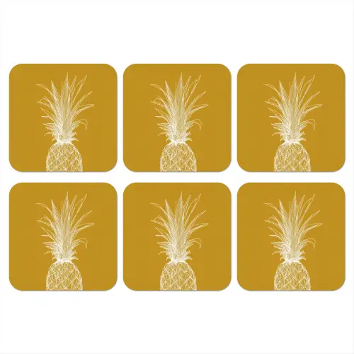 Lijnillustratie - Ananas - Bladkroon - Okergeel onderzetter kurk middel -3d