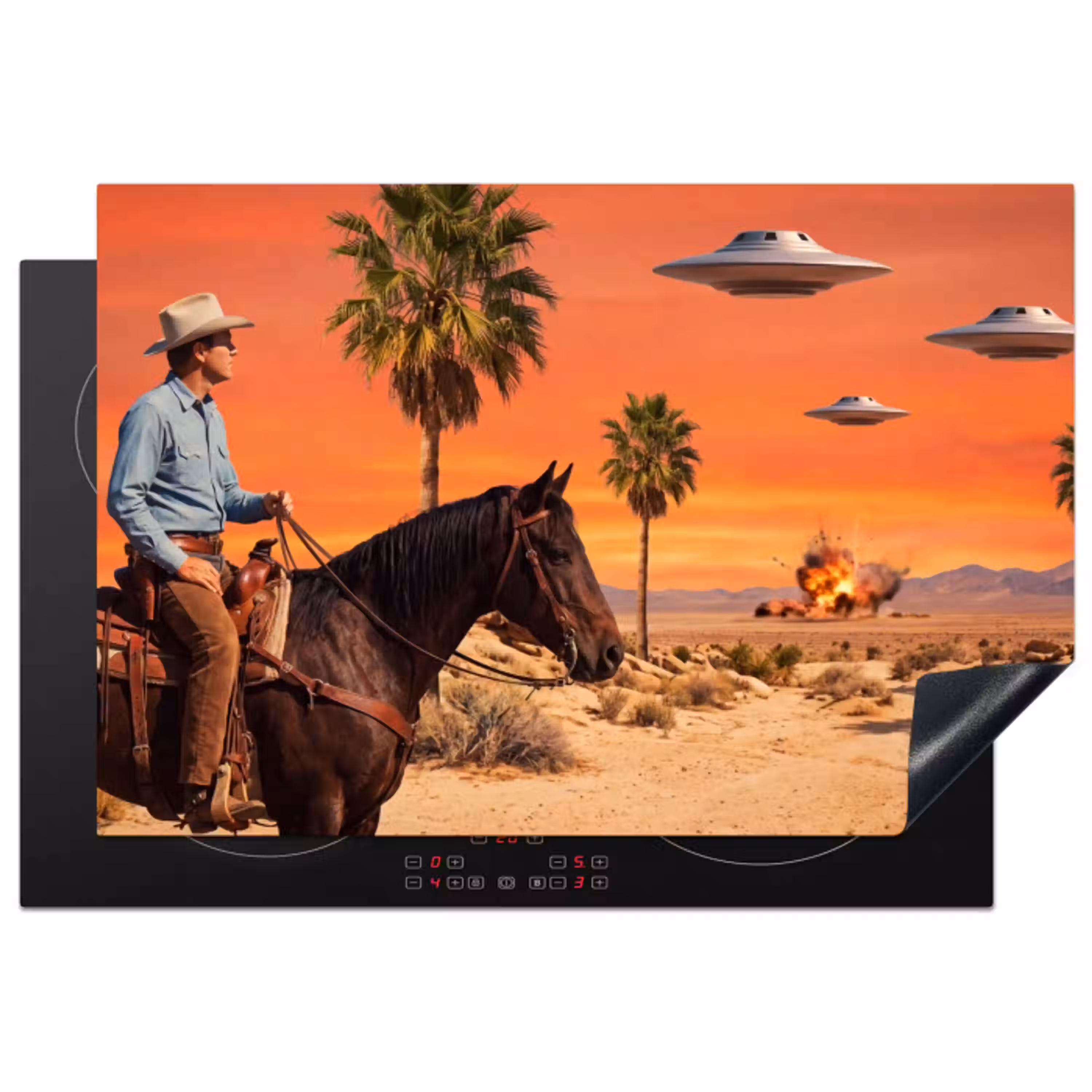 Cowboy - Paard - Woestijn Inductie beschermer vinyl 3mm klein -3d