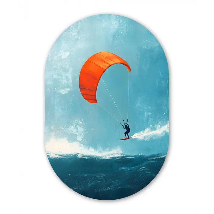 Kitesurfer - Oranje - Zee - Lucht Wandcirkel Ovaal Glas middel -3d