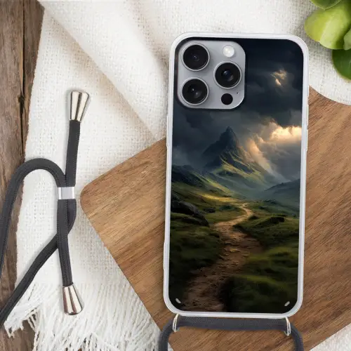 Bergen - Kronkelpad - Groen - Wolken Hoesje iPhone 16 Pro Max met koord klein -sfeer4