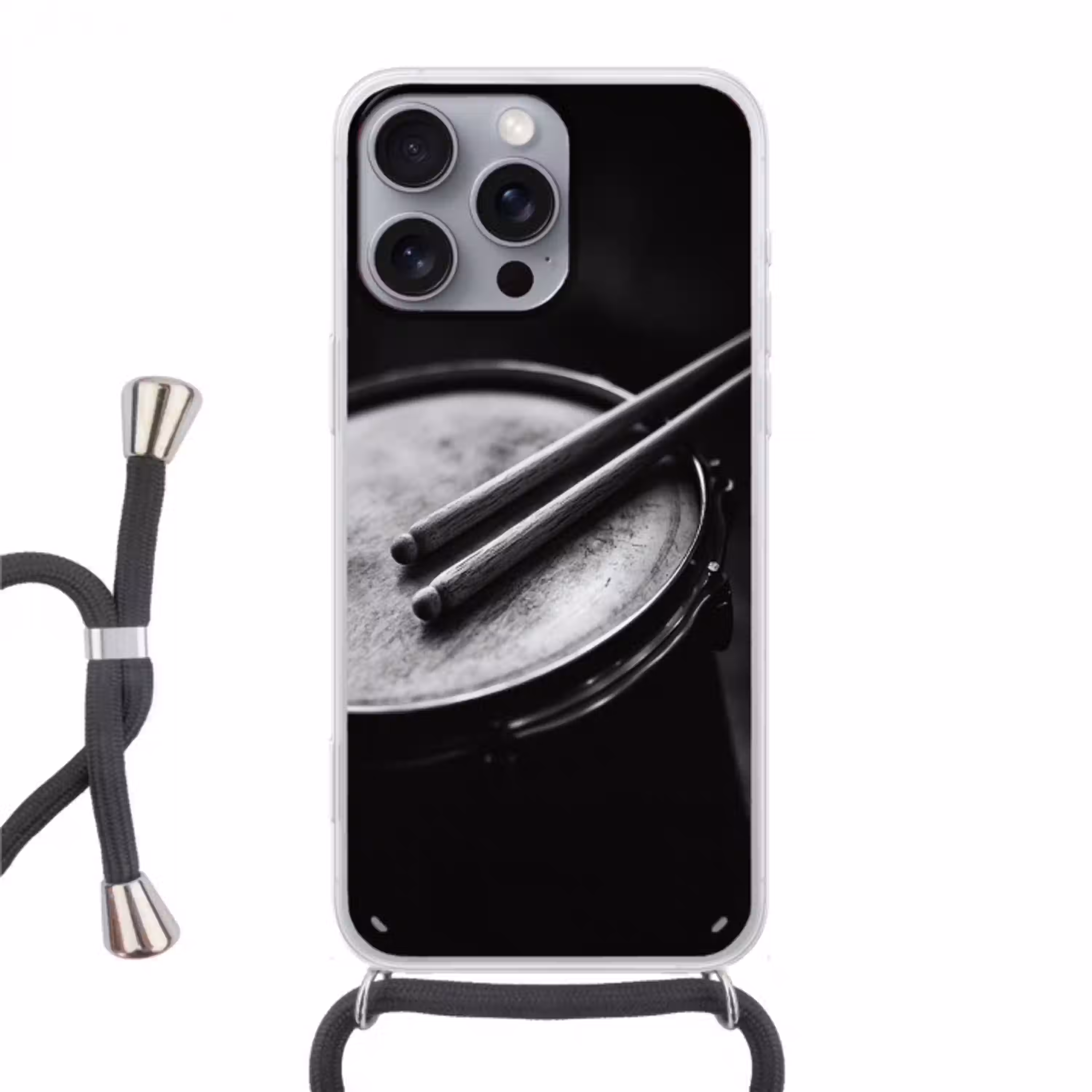 Trommel - Close-up - Drumstokken - Zwart Hoesje iPhone 16 Pro Max met koord klein -3d