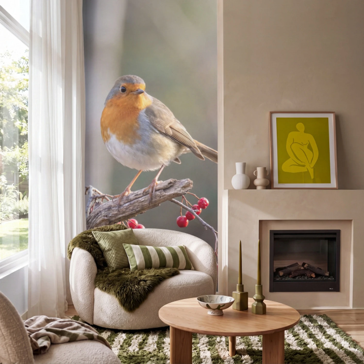Roodborst - Tak - Bessen - Natuur Behang Vlies klein -sfeer2