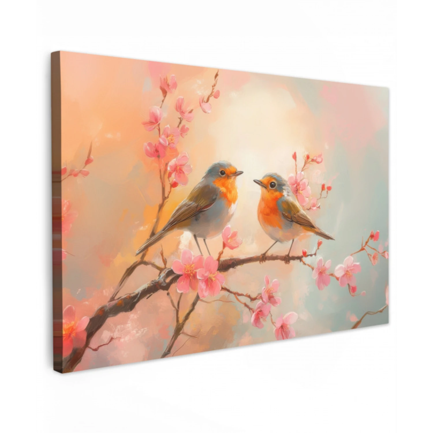 Roodborstjes - Sierlijk - Bloesemtak Tuinposter op houten frame 2 cm dik klein -3d