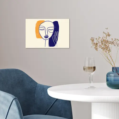 Minimalistisch - Gezicht - Hand - Oranje - Blauw poster papier klein -sfeer3