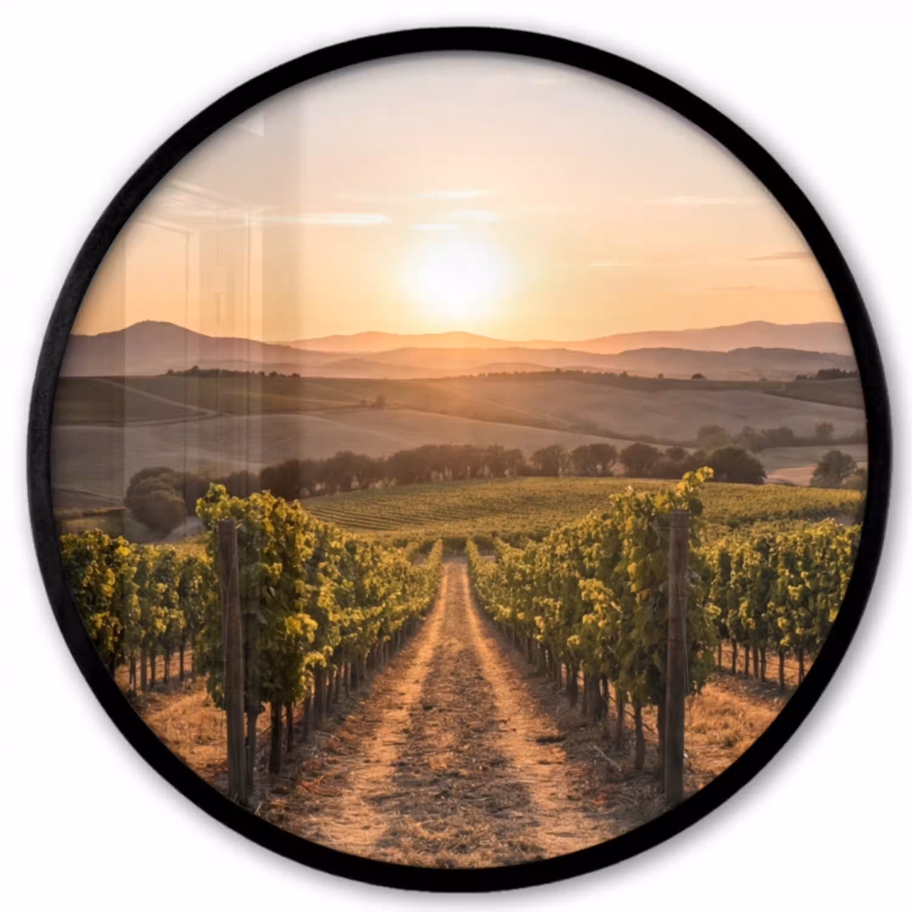 Wijngaard - Zonsondergang - Landschap Fotolijst rond zonder passe partout klein -3d