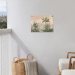 Tropisch landschap - palmbomen - Bloemen - Roze lucht tuinposter los doek klein -sfeer8
