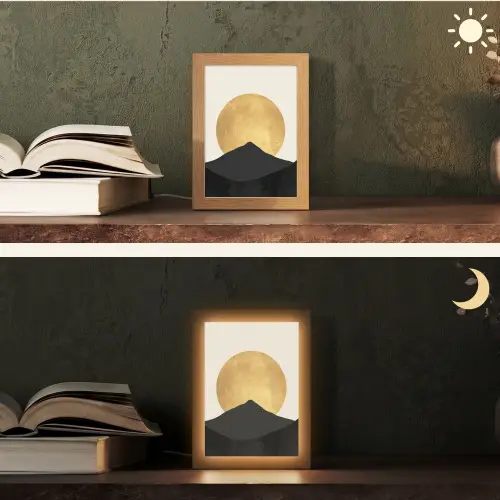 Bergsilhouetten - Gouden cirkel - Beige Light Box met kabel (Tafellamp) klein -sfeer3
