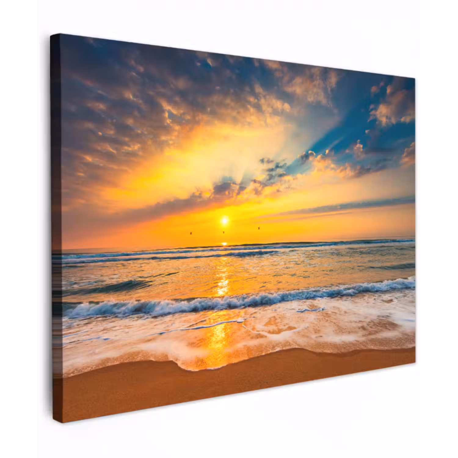 Leinwandbild - Sonnenuntergang - Strand - Meer - Wolken - Orange