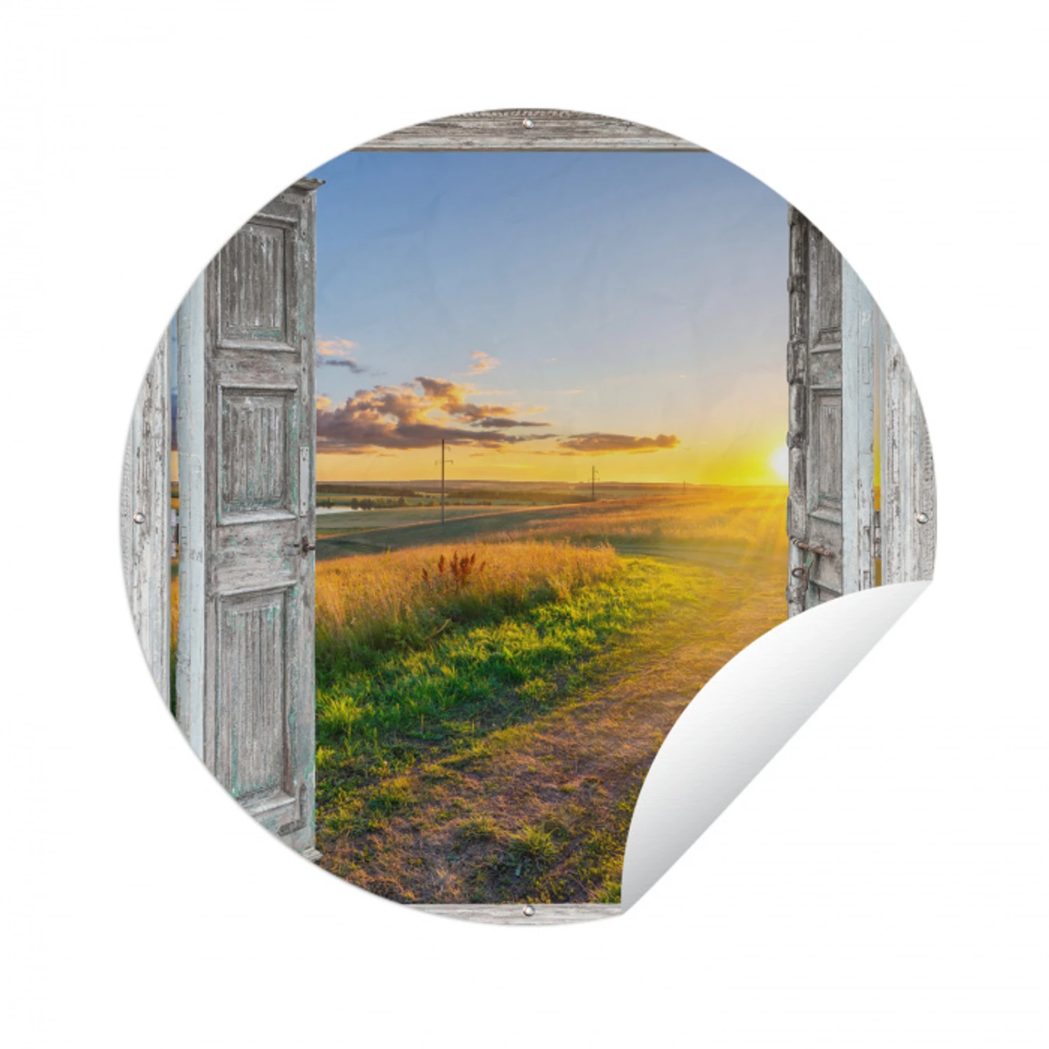 Doorkijk - Platteland - Landschap - Zon Wandcirkel tuinposter met ringen klein -3d