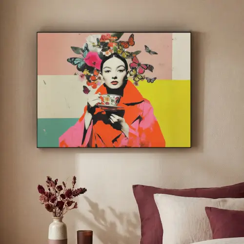 Retro - Vrouw - Kopje - Vlinders Textielframe zwart klein -sfeer1