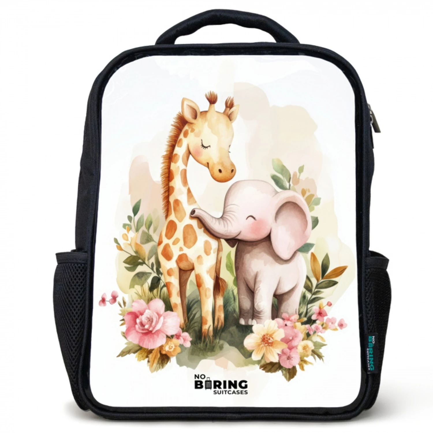 Giraffe en olifant tussen bloemen op witte achtergrond Rugzak - Zwart middel -3d