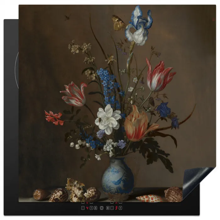 Bloemen in een Wan-Li vaas en schelpen - Schilderij van Balthasar van der Ast Inductie beschermer vinyl 3mm middel -3d