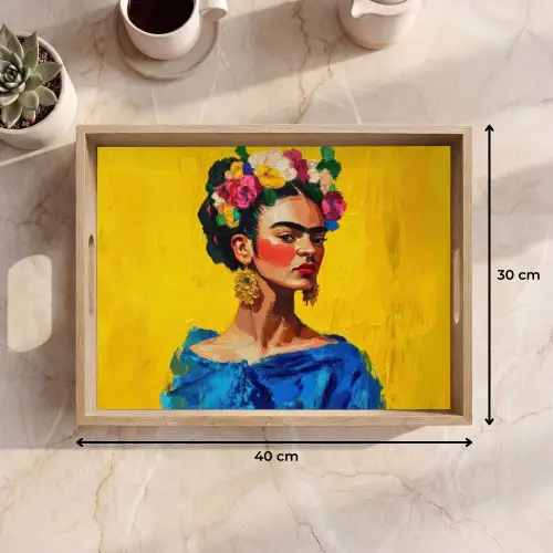 Frida Kahlo - Vrouw - Geel - Blauw - Bloemen Dienblad Rechthoek middel -USP_Formaat