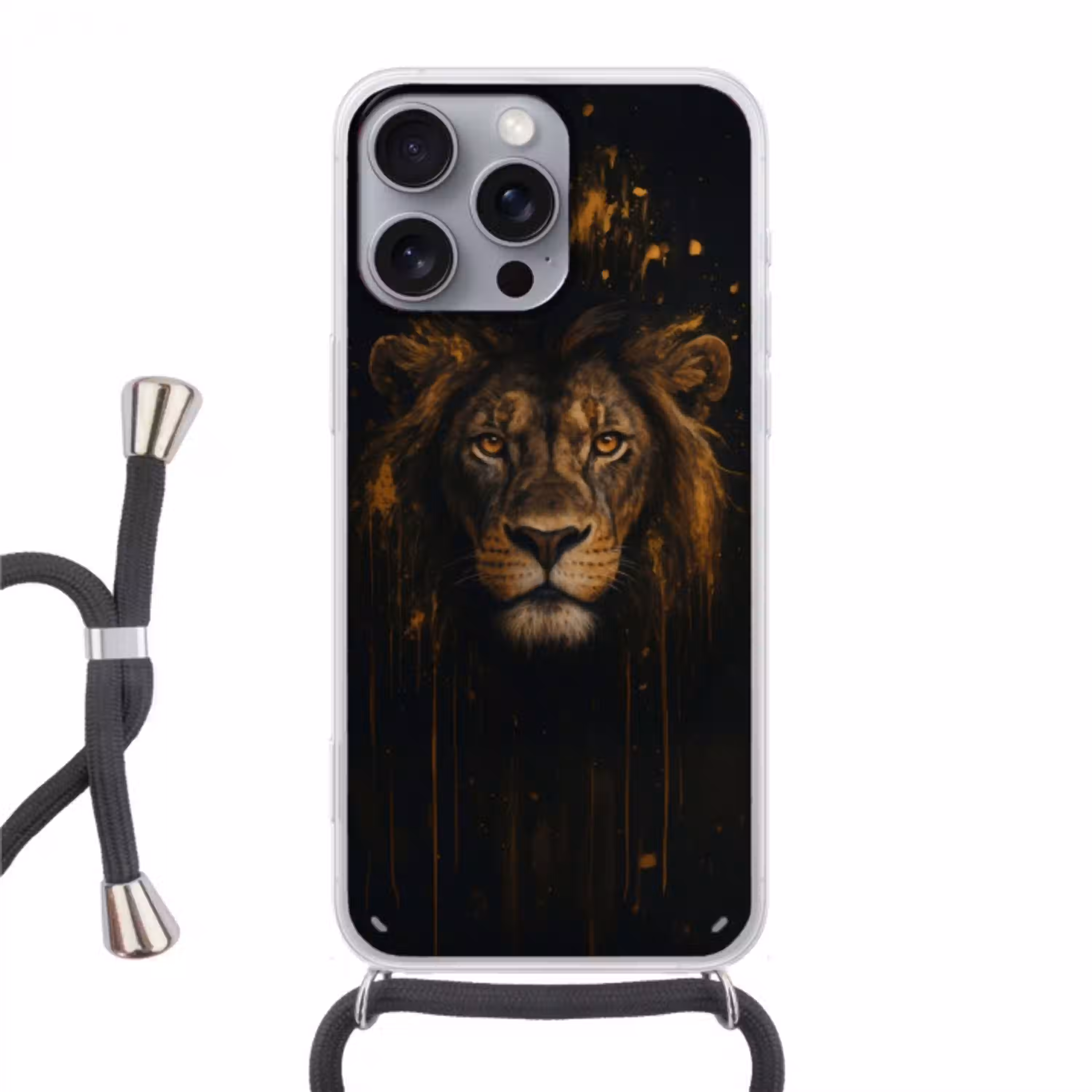 Leeuw - Goud - Druppels Hoesje iPhone 16 Pro Max met koord klein -3d