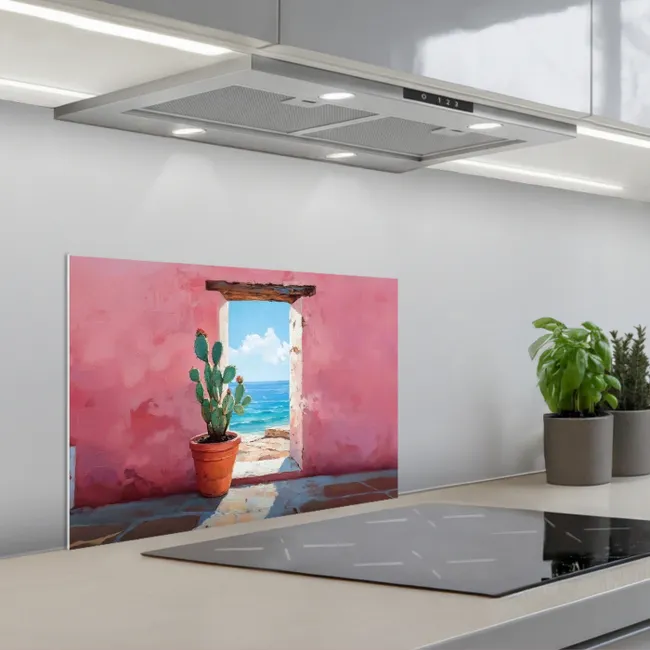 Zee - Roze - Cactus keuken achterwand spatscherm klein -3d_schuin