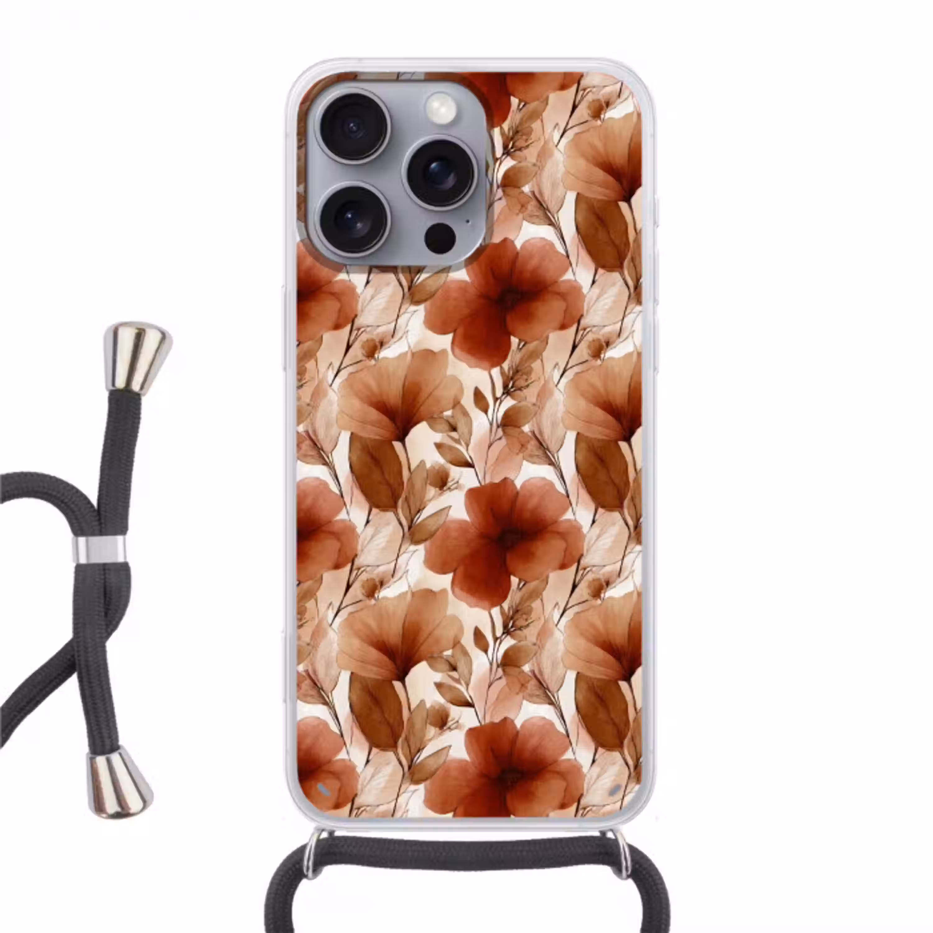 Bloemen - Aquarel - Botanisch - Terracotta Hoesje iPhone 16 Pro Max met koord klein 804 -3d