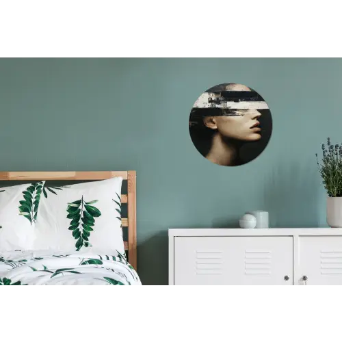 Gezicht - Vrouw - Zwart - Abstract Wandcirkel aluminium klein -slaapkamer