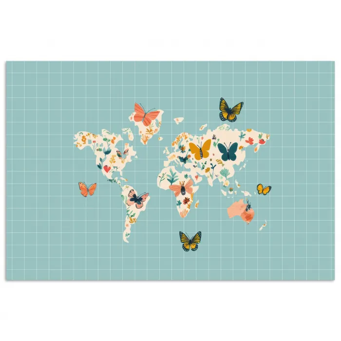 Wereldkaart - Vlinders - Dromerig poster papier klein -3d
