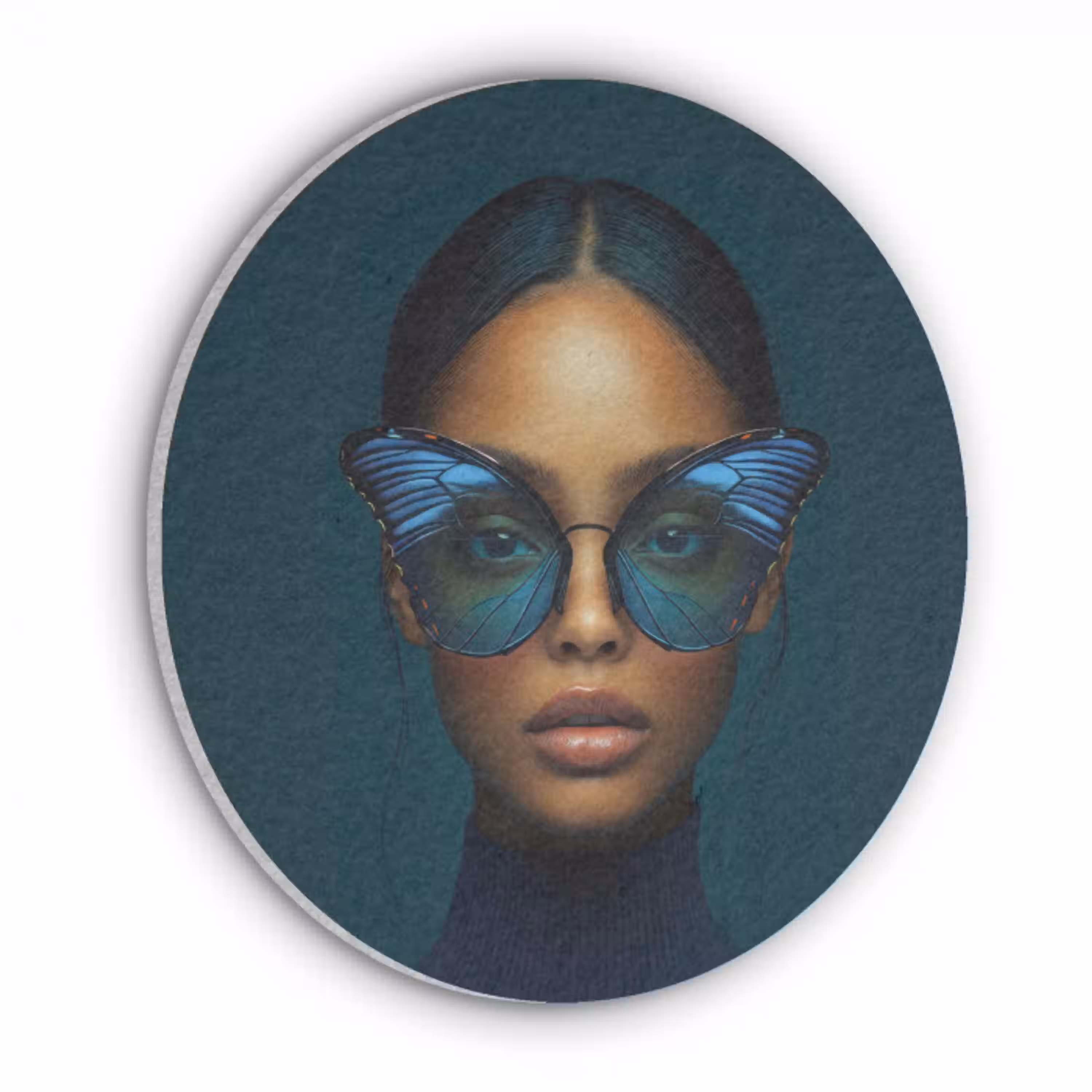 Vrouw - Vlinder - Bril - Blauw - Modern - Portret Akoestische PET Vilt - Rond klein -3d