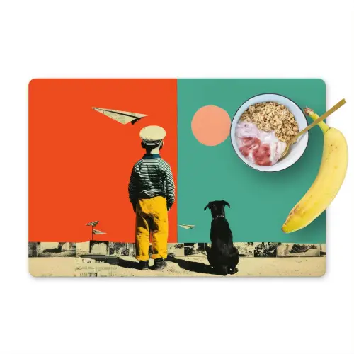 Retro - Jongen - Hond - Rood - Groen Placemat vinyl groot -zzzproduct_Kitchenyeah-website