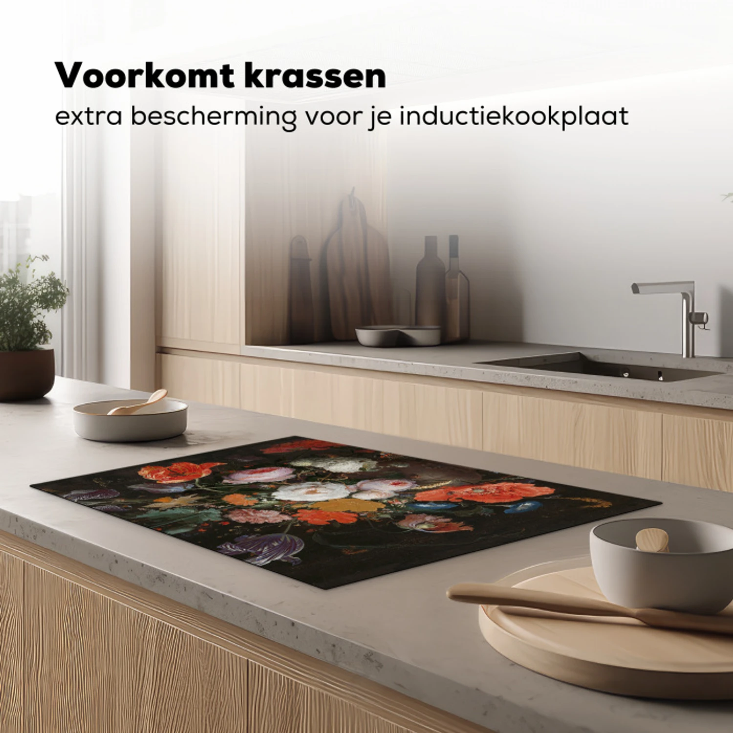 Stilleven met bloemen en een horloge - Schilderij van Abraham Mignon Inductie beschermer vinyl 3mm klein -sfeer1