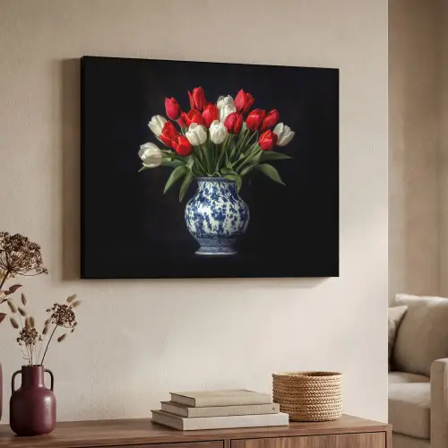 Rode - Bloemen - Tulpen - Vaas Textielframe zwart klein -sfeer3