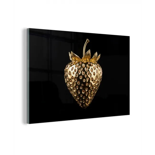 Glas schilderij - Aardbei - Goud - Zwart - Chrome