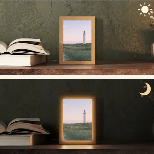 Vuurtoren - Duinlandschap - Zee Light Box met kabel (Tafellamp) klein -sfeer3