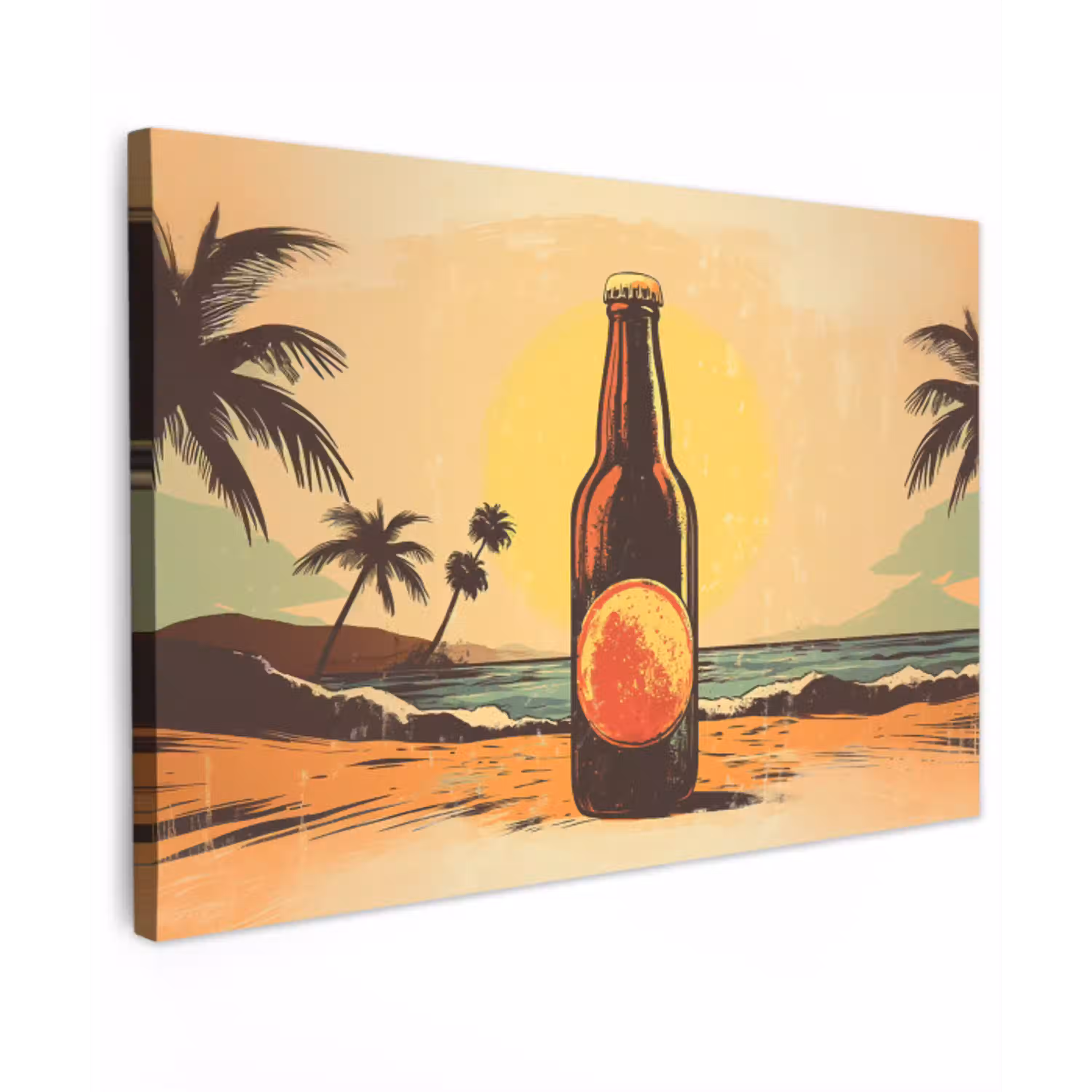 Bierfles - Zonsondergang - Palmbomen - Zee Tuinposter op houten frame 2 cm dik klein -3d