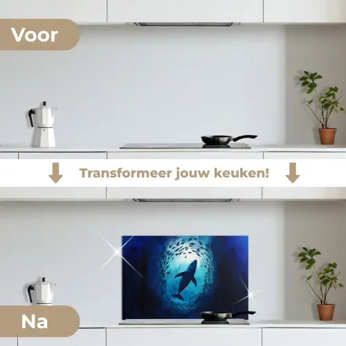 Walvis - Vissen - Donkerblauw keuken achterwand spatscherm klein -voor_na_NL