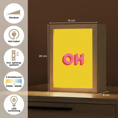 Geel - Roze - Oh - 3D Light Box met kabel (Tafellamp) klein -USP_NL