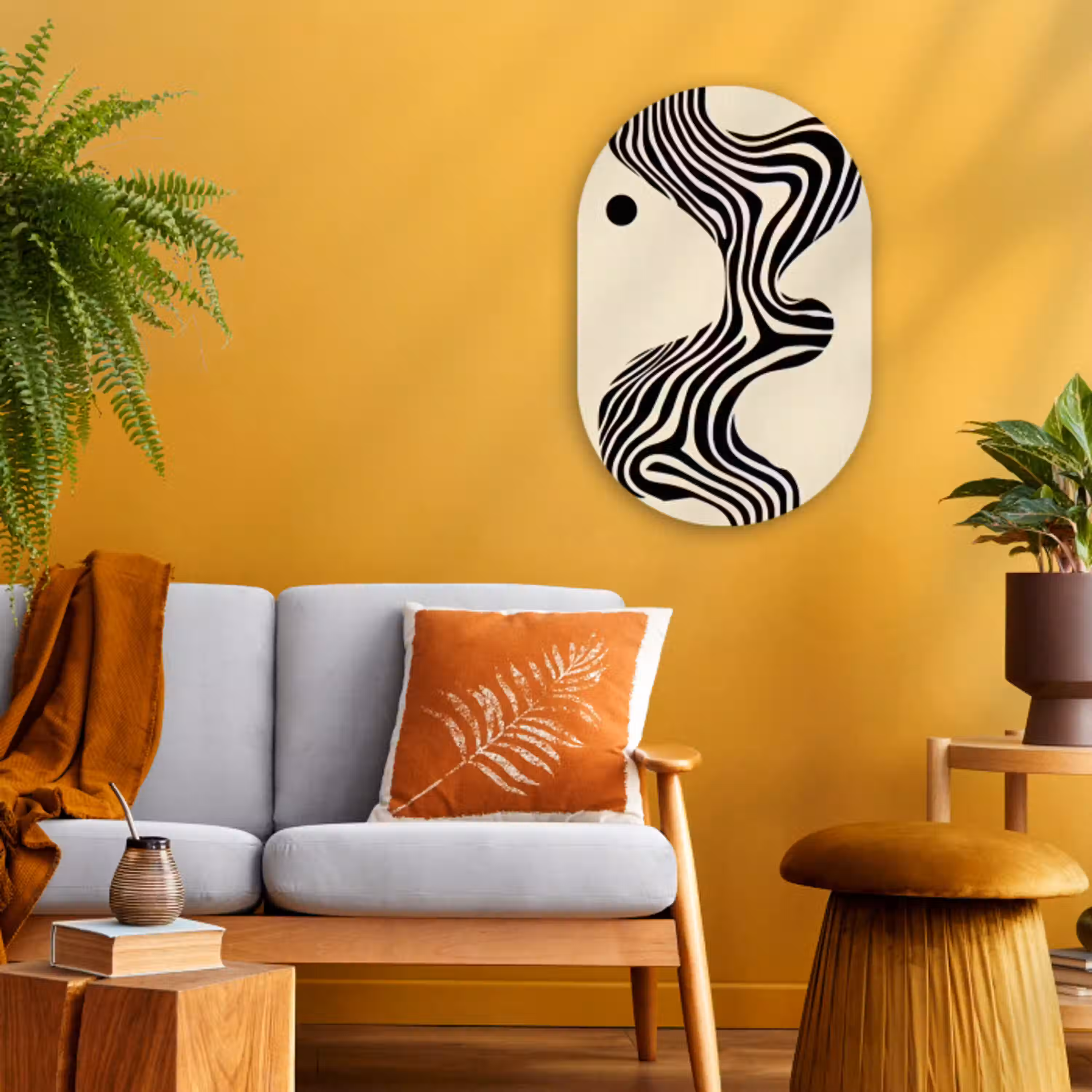 Beige - Lijnen - Golvend -  Abstract Wandcirkel Ovaal Forex klein -sfeer4