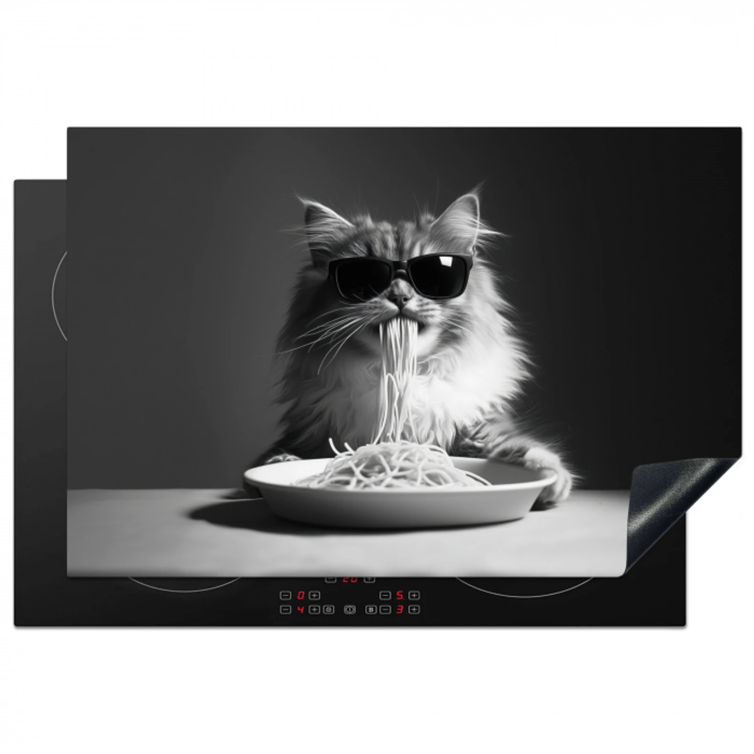 Langharige kat - Zonnebril - Spaghetti - Humor - Zwart - wit Inductie beschermer vinyl 3mm klein -3d
