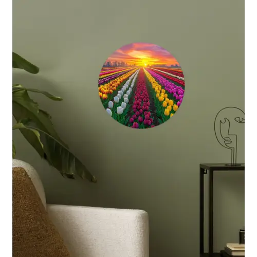 Tulpenveld - Zonsondergang - Kleurrijk Wandcirkel behangsticker klein -sfeer2