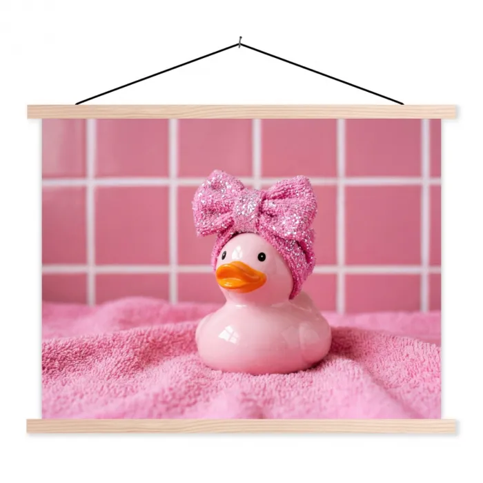 Badeend -Strik - Roze textielposter latten blank klein -3d