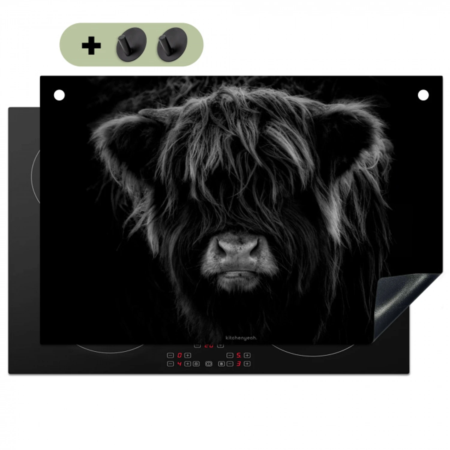 Schotse hooglander - Zwart Inductie beschemer met haakjes klein -3d