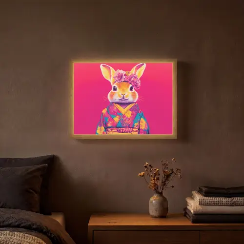 Konijn - Bloemen - Kleurrijk - Kimono Light Box met batterij (Wandlamp) middel -sfeer4
