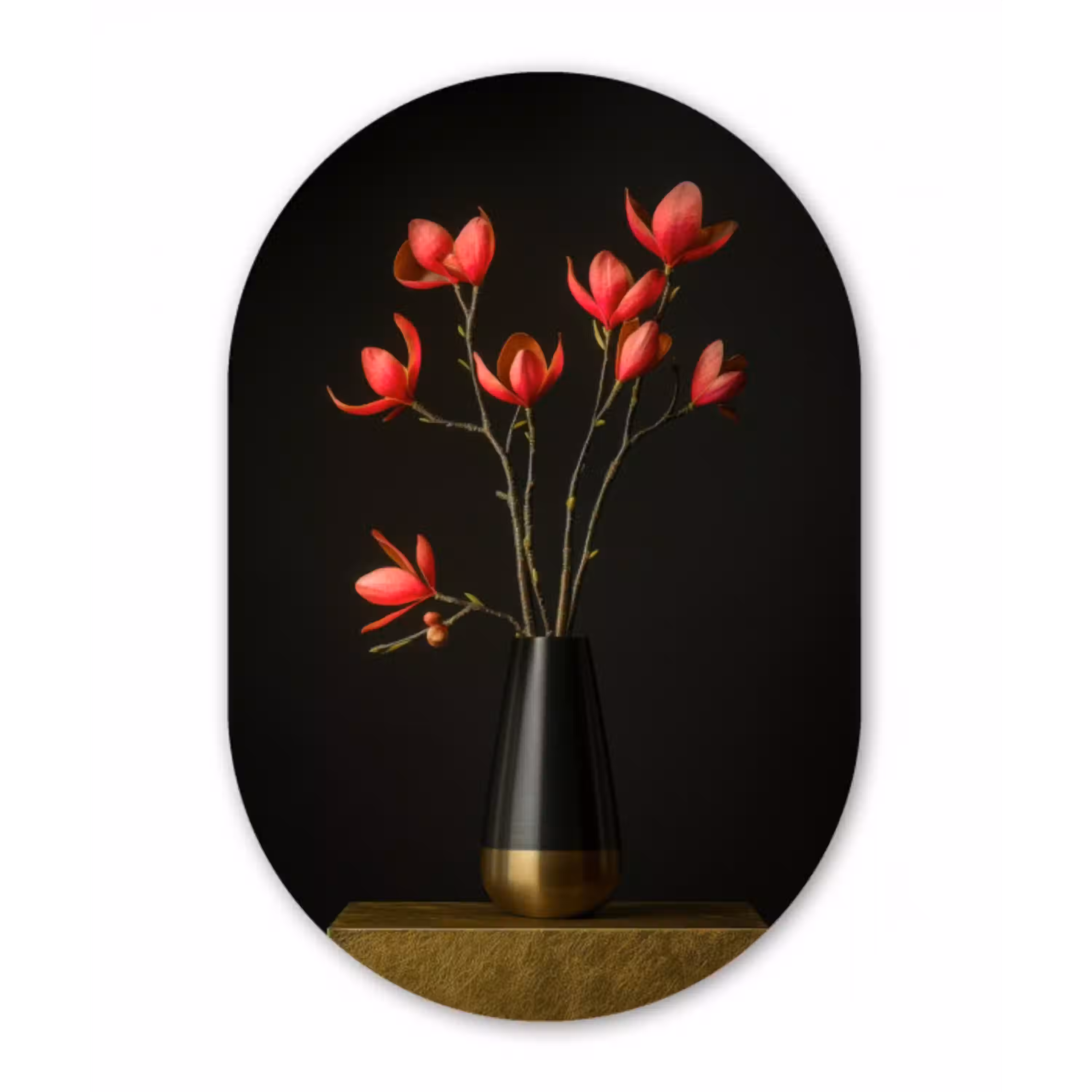 Rode - Bloemen - Vaas Wandcirkel Ovaal Aluminium middel -3d