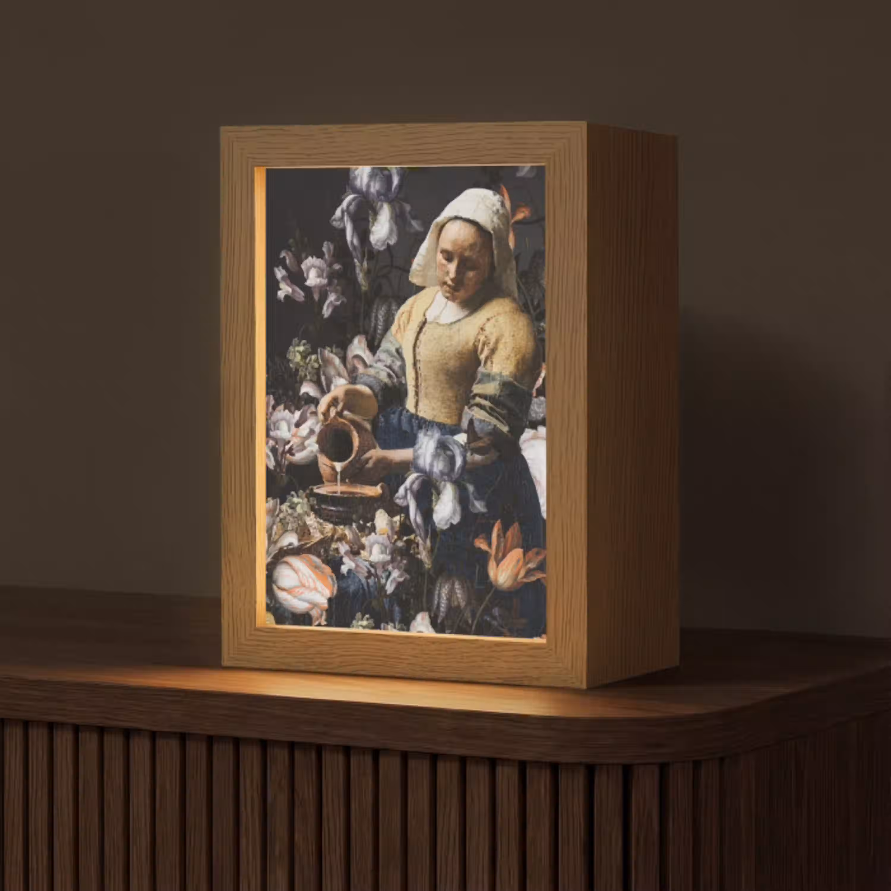 Melkmeisje - Johannes Vermeer - Bloemen - Blauw Light Box met kabel (Tafellamp) klein -z3d_website