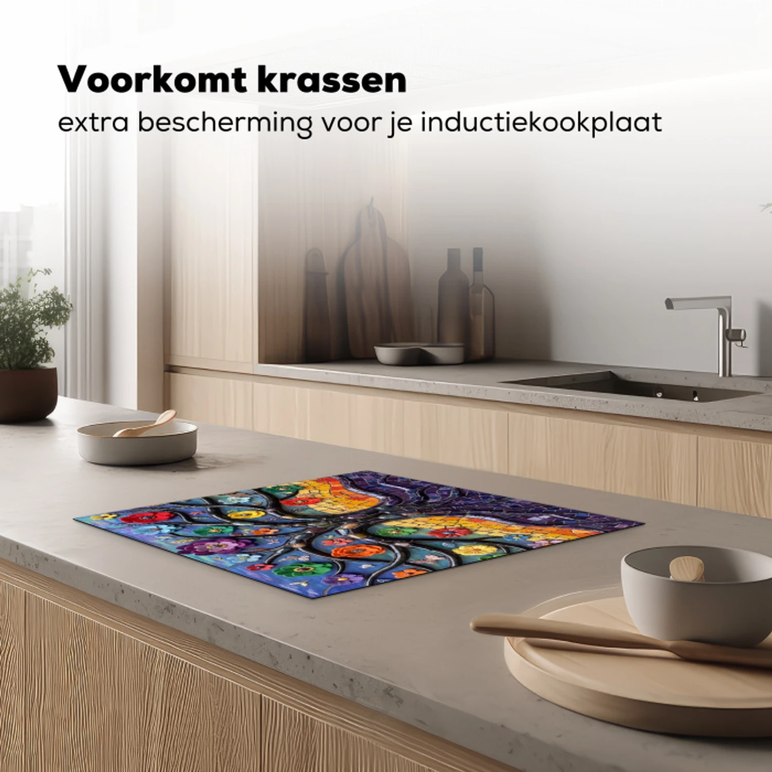 Levensboom - Mozaïek - Bloemen - Kleurrijk - Vrolijk Inductie beschermer vinyl 3mm middel -sfeer1