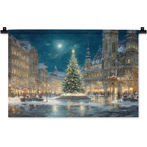 Kerstnacht - Stadsplein - Meerkleurig Wandkleed katoen klein -zz3d