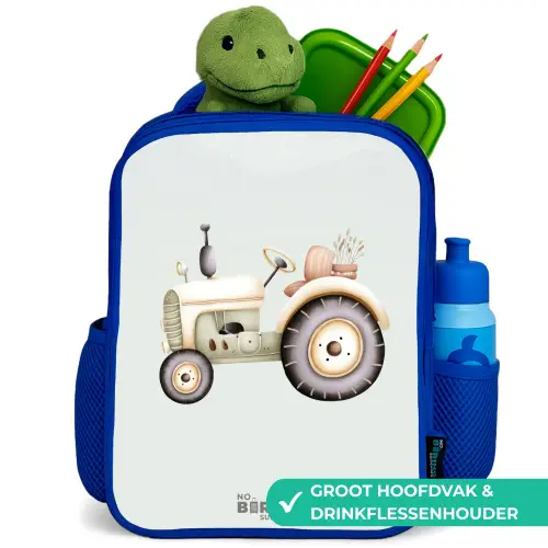 Beige vintage tractor in pastel groene kleuren Kinderrugzak - Blauw middel -inhoud_NL