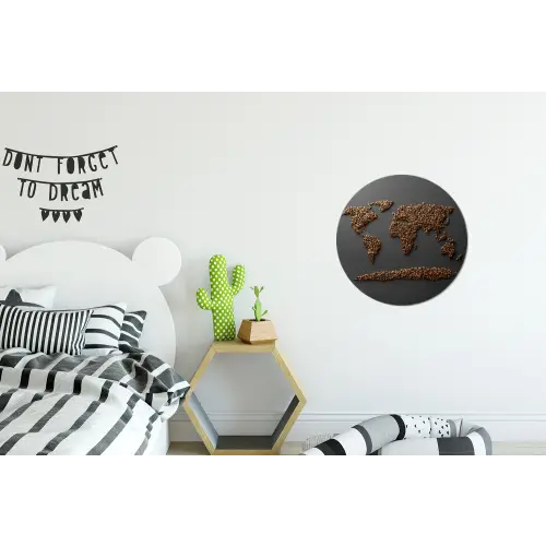 Wereldkaart - Koffie - Grijs Wandcirkel aluminium klein -kinderkamer