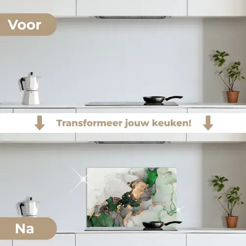 Marmer - Goud - Groen - Luxe keuken achterwand spatscherm klein -voor_na_NL