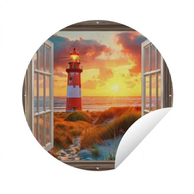 Doorkijk - Raam - Vuurtoren - Zonsondergang - Strand Wandcirkel tuinposter met ringen klein -3d