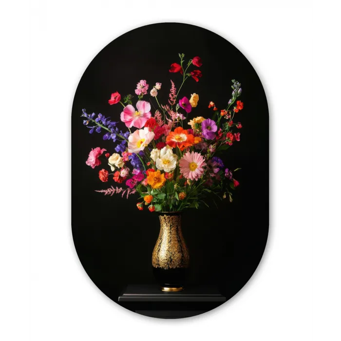 Kleurrijk - Boeket - Vaas - Goud Wandcirkel Ovaal Glas middel -3d