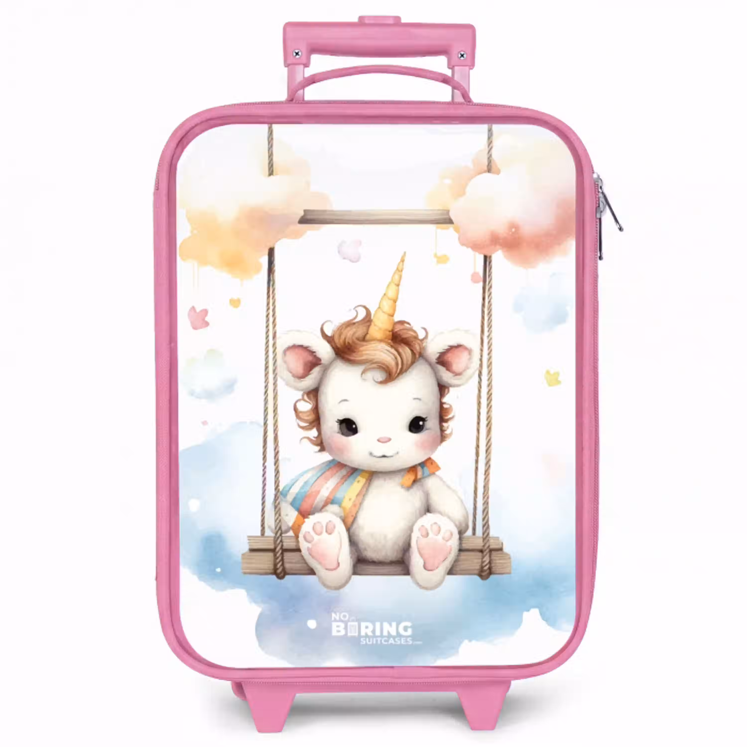 Witte baby eenhoorn op een schommel in de wolken Kinderkoffer - Roze klein -zzz_website3d
