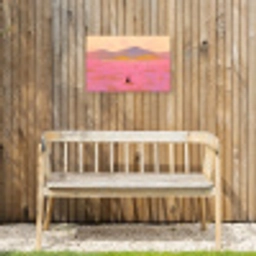 Bloemenweide - Heuvels - Silhouet - Roze Tuinposter op houten frame 2 cm dik klein -sfeer4